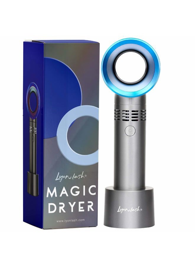 Lyon Lash Portable USB Rechargeable Bladeless Mini Fan/Air Conditioning Blower/Handheld Cooling Dryer, Essential Eyelash Extension Supplies, Dries Extensions Glue/Adhesive Rapidly (Nickel/Blue) - Image 1