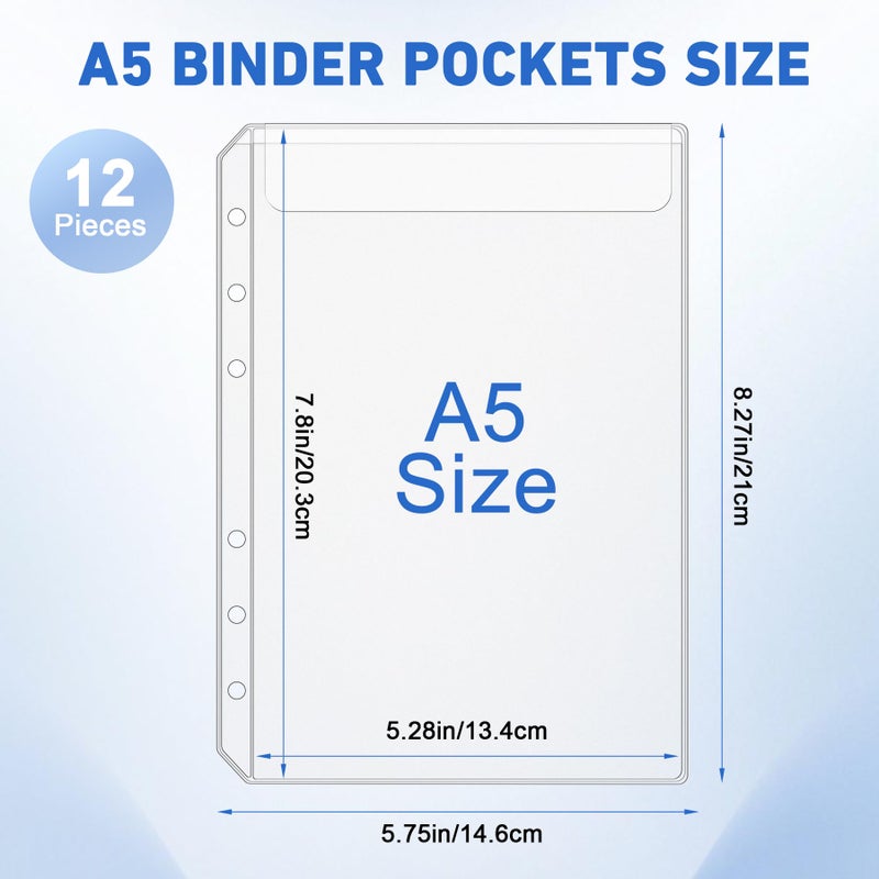 Antner 12PCS A5 Binder Pockets No Zipper 6-Hole Budget Cash Envelopes for Small Refillable Notebook, Zipless A5 Planner Inserts Binder Pouches Loose Leaf Money Organizer Bags for Saving Challenge - Image 2