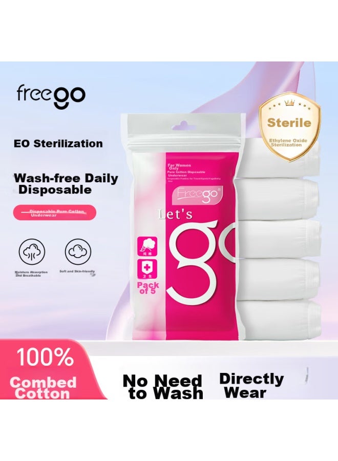 Free Go Freego Pure Cotton Disposable Underwear For Women, Sterilized, All-cotton, No-wash, Daily-use, For Pregnant Women, Postpartum, Menstrual Period, Travel, White, Xl, 5 Pieces - Image 1