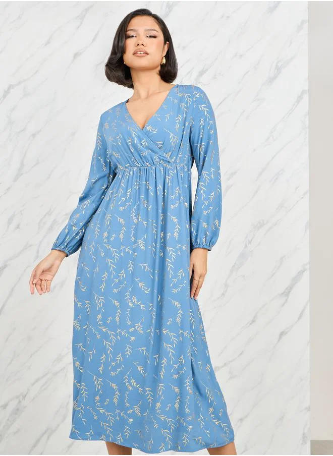 ستايلي Foil Print Gathered Detail A-Line Midi Dress