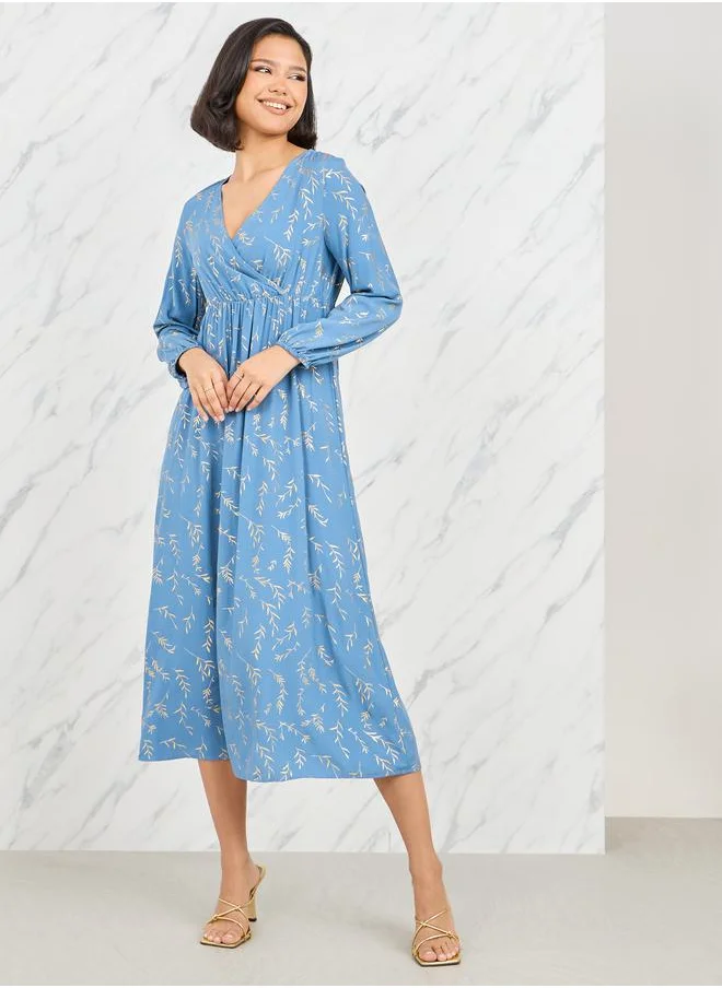 ستايلي Foil Print Gathered Detail A-Line Midi Dress