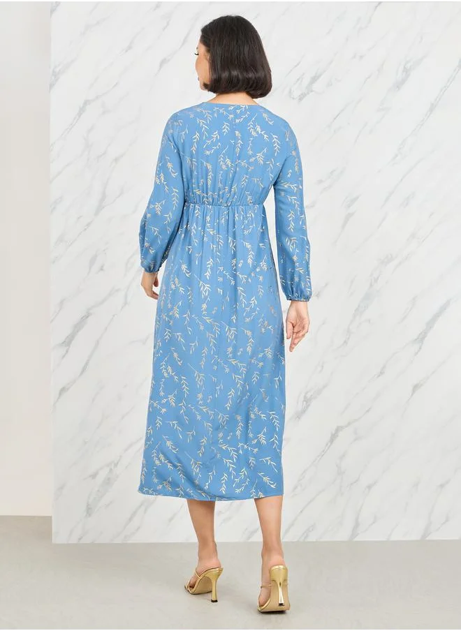 ستايلي Foil Print Gathered Detail A-Line Midi Dress