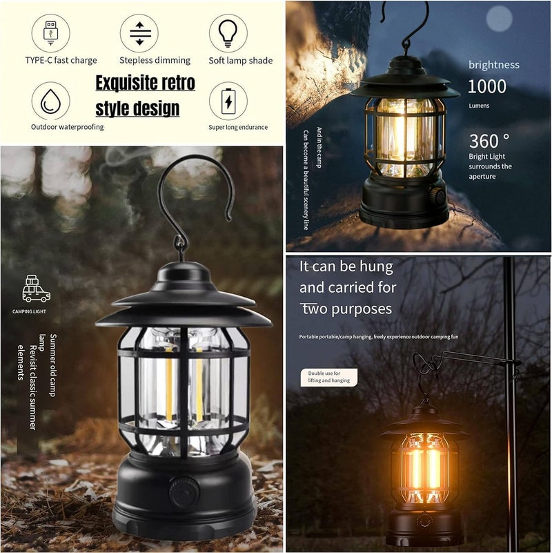 TAPUJI LED Camping Light Retro Style Lighting Battery Typec Rechargeable Dimmable Tent Lamp Outdoor Portable Waterproof Flashlight Lanterns Lightweight for Courtyard Hiking Power Outages Emergency - Image 4