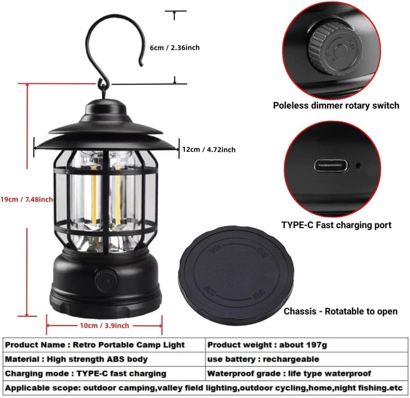 TAPUJI LED Camping Light Retro Style Lighting Battery Typec Rechargeable Dimmable Tent Lamp Outdoor Portable Waterproof Flashlight Lanterns Lightweight for Courtyard Hiking Power Outages Emergency - Image 2