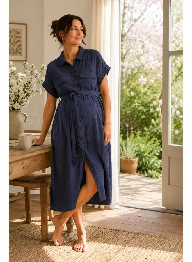 LuvmaBelly MYRA5861 – Natural Soft Muslin Fabric – Summer Shirt Maternity Dress – Navy.