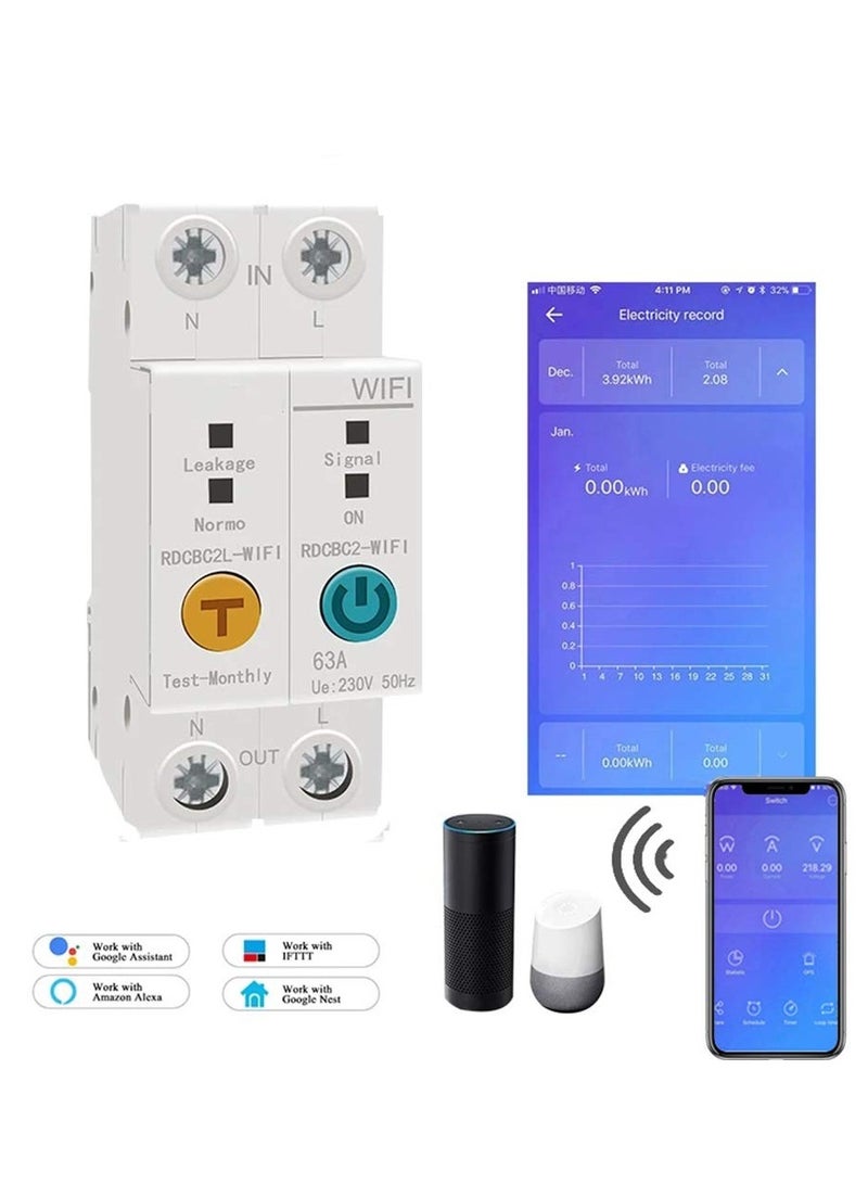 Ewelink APP 2P 63A Din Rail WiFi Energy Meter Intelligent Power Consumption kWh Circuit Breaker Switch - Image 1