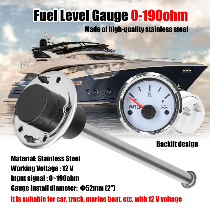 Fuel Level Gauge 0-190ohm 200mm Stainless Steel - Backlit Design Fuel Gauge for Car Truck Marine Boat - Image 2