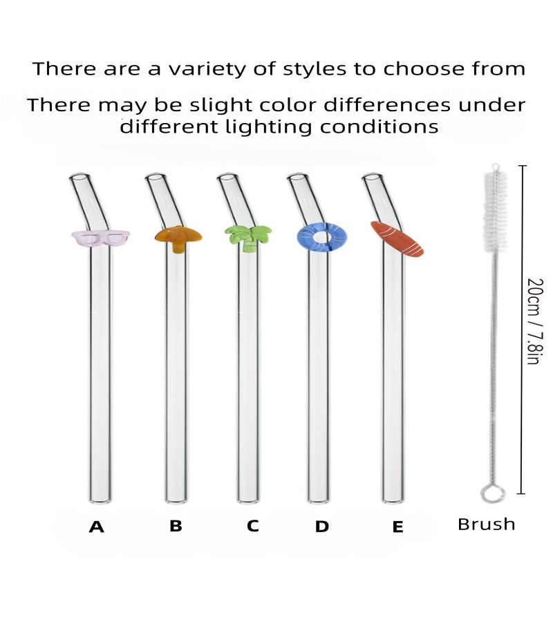 Summer Beach Themed Bent Glass Straw Reusable With Cleaning Brush Swim Goggles Palm Tree Surfboard Design For Bubble Tea Milk Foam Tea Cafes Beach Wedding Parties - Image 3