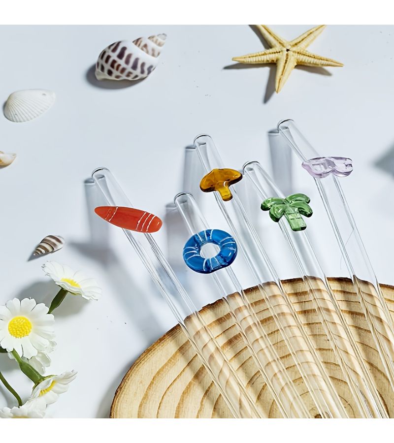 Summer Beach Themed Bent Glass Straw Reusable With Cleaning Brush Swim Goggles Palm Tree Surfboard Design For Bubble Tea Milk Foam Tea Cafes Beach Wedding Parties - Image 1