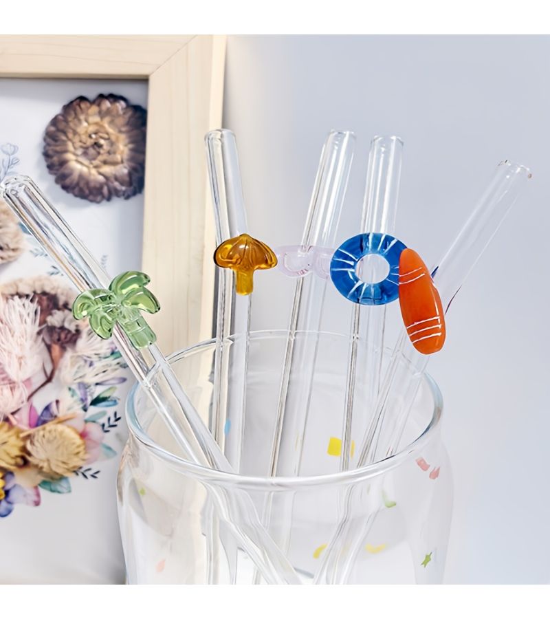 Summer Beach Themed Bent Glass Straw Reusable With Cleaning Brush Swim Goggles Palm Tree Surfboard Design For Bubble Tea Milk Foam Tea Cafes Beach Wedding Parties - Image 2