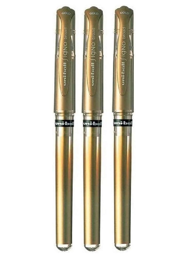 Uniball - uni-ball Uni Ball Gold Signo Pen Broad Metallic Gel Ink Rollerball Metal 1mm Tip Nib 0.65mm Line Width With Rubber Grip UM-153 (Pack Of 3) - Image 1