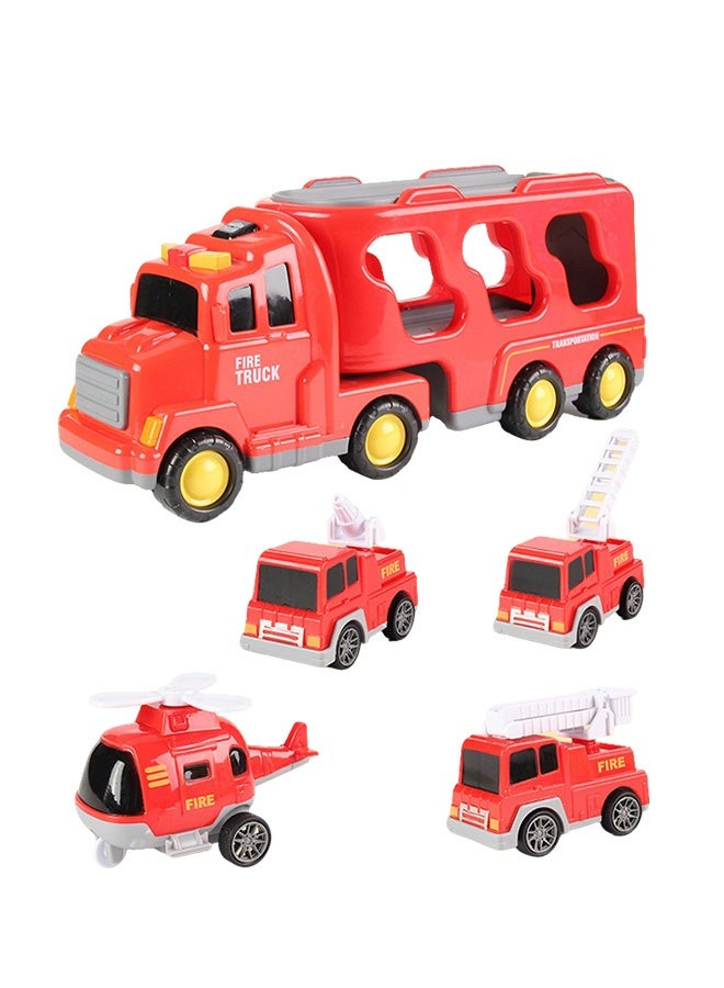5-in-1 Fire Truck Transport Carrier Toy, Large Fire Engine Storage Truck with 4 Mini Fire Vehicles, Light & Sound Rescue Car Playset for Boys Aged 0-3 Years Old - Image 1