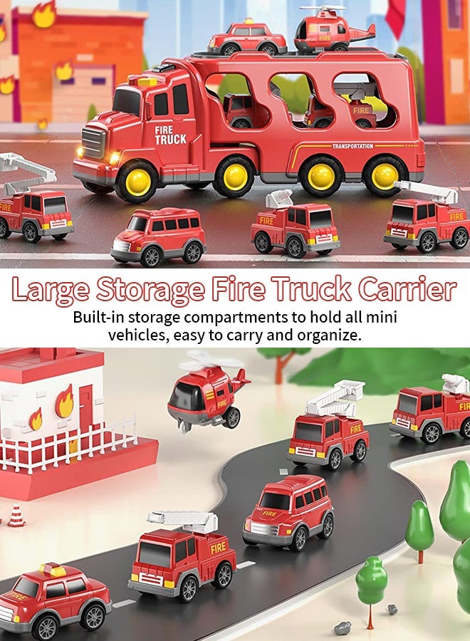 5-in-1 Fire Truck Transport Carrier Toy, Large Fire Engine Storage Truck with 4 Mini Fire Vehicles, Light & Sound Rescue Car Playset for Boys Aged 0-3 Years Old - Image 5