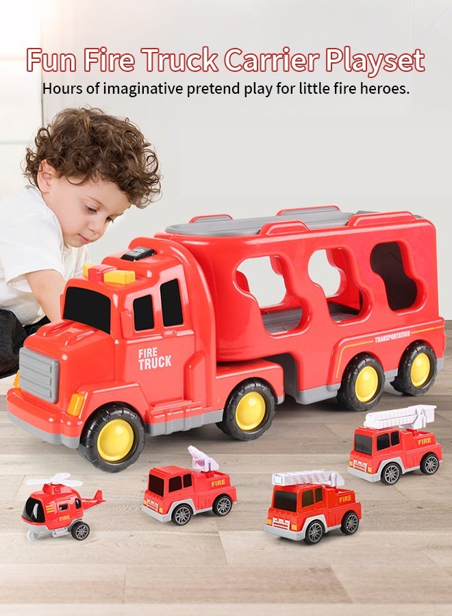 5-in-1 Fire Truck Transport Carrier Toy, Large Fire Engine Storage Truck with 4 Mini Fire Vehicles, Light & Sound Rescue Car Playset for Boys Aged 0-3 Years Old - Image 2