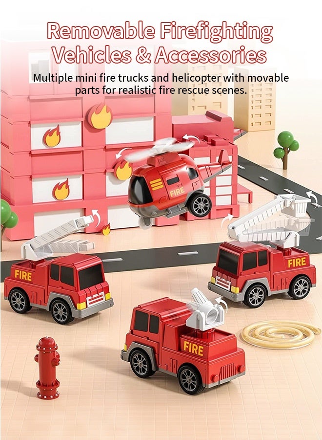 5-in-1 Fire Truck Transport Carrier Toy, Large Fire Engine Storage Truck with 4 Mini Fire Vehicles, Light & Sound Rescue Car Playset for Boys Aged 0-3 Years Old - Image 3