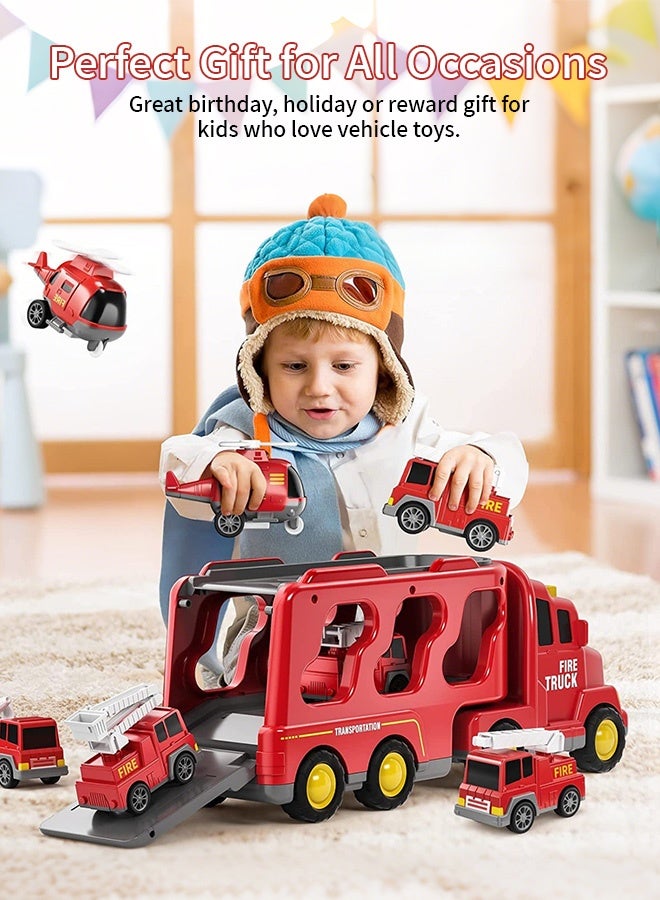 5-in-1 Fire Truck Transport Carrier Toy, Large Fire Engine Storage Truck with 4 Mini Fire Vehicles, Light & Sound Rescue Car Playset for Boys Aged 0-3 Years Old - Image 4