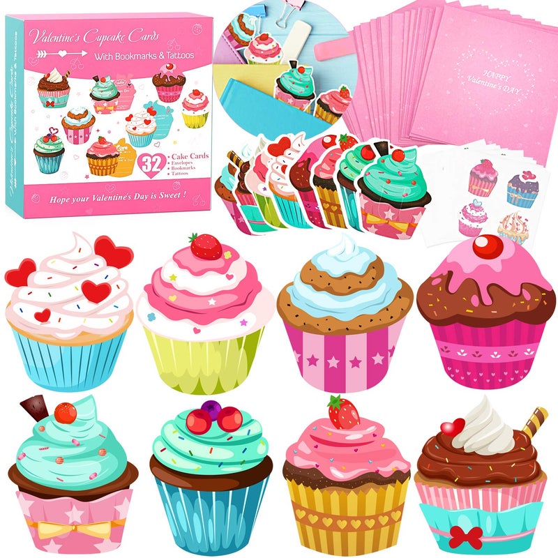 WEBSUN Valentines Day Cards for Kids 32 Pack with Cute Bookmarks, Temporary Tattoos & Pink Envelopes - Perfect Cupcake Valentines Day Cards for School Classroom Exchange Gifts - Image 1