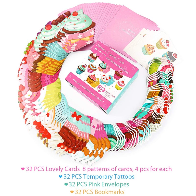 WEBSUN Valentines Day Cards for Kids 32 Pack with Cute Bookmarks, Temporary Tattoos & Pink Envelopes - Perfect Cupcake Valentines Day Cards for School Classroom Exchange Gifts - Image 5