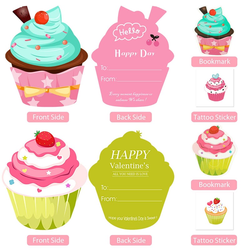 WEBSUN Valentines Day Cards for Kids 32 Pack with Cute Bookmarks, Temporary Tattoos & Pink Envelopes - Perfect Cupcake Valentines Day Cards for School Classroom Exchange Gifts - Image 3