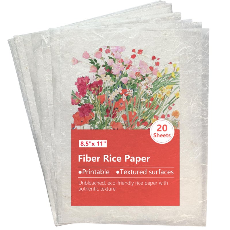 VEOOK Natural Fiber Rice Paper for Decoupage,Printable Rice Paper for Craft, Mulberry Paper for Writing Painting,Decoupage Craft Supplies,20 Sheets Letter Size 8.5x11inï¼ˆRP-01ï¼‰ - Image 1
