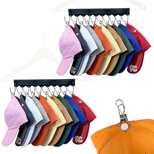 Perfect Curve Baseball Cap Hanger - Store 20 Caps with Button Clip Design, Silicone & Metal, Black, 2-Pack - Image 1