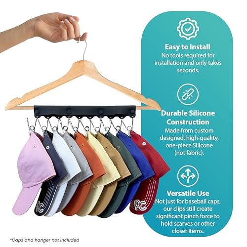 Perfect Curve Baseball Cap Hanger - Store 20 Caps with Button Clip Design, Silicone & Metal, Black, 2-Pack - Image 5