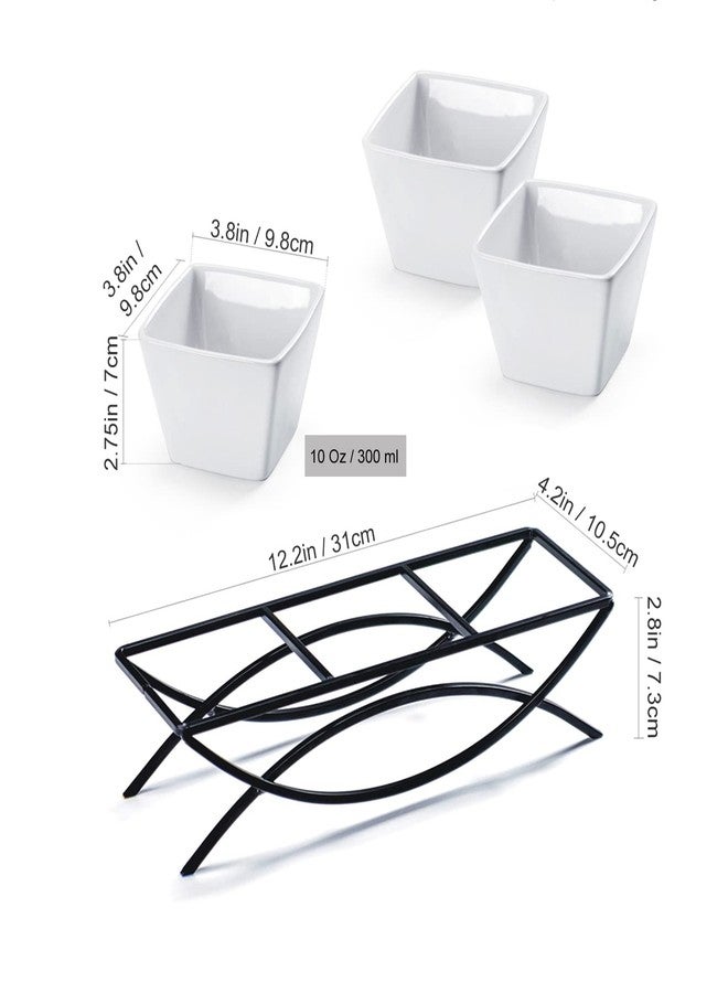 UNICASA Square Ramekin Bowls 10 oz, Condiment Serving Tray with Metal Rack Stand - Chips and Dips Snack Tray for Party - White Side Dish for Appetizer, Fruit, Nuts, Ice Cream, Candy - Image 2