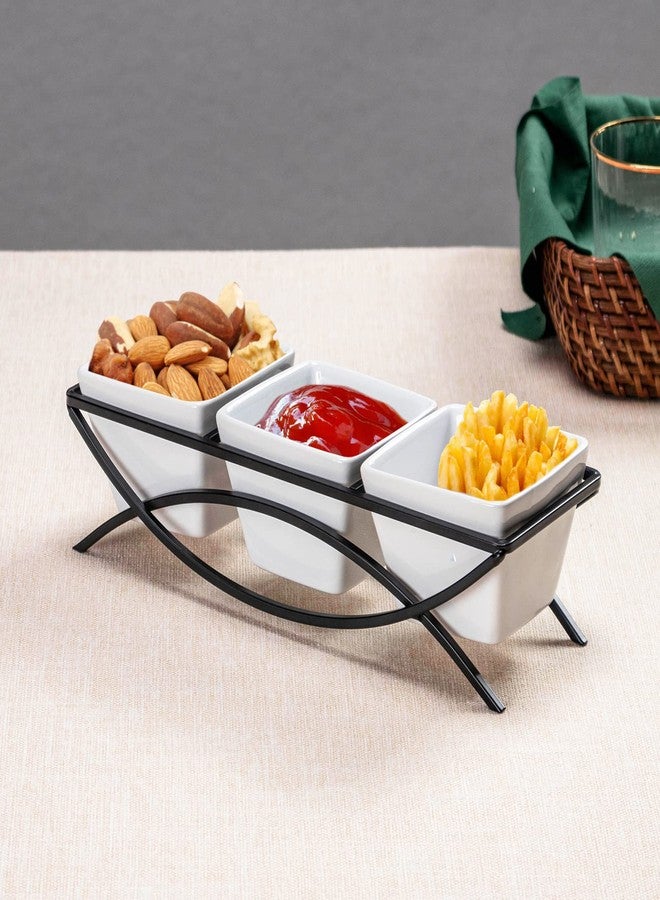 UNICASA Square Ramekin Bowls 10 oz, Condiment Serving Tray with Metal Rack Stand - Chips and Dips Snack Tray for Party - White Side Dish for Appetizer, Fruit, Nuts, Ice Cream, Candy - Image 3