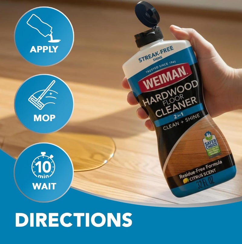 Weiman Hardwood Floor Cleaner 2-in-1 Clean & Shine 946ml Citrus Scent Streak-Free Residue-Free Wood Floor Cleaning Solution Safe Choice EPA Certified Multi Surface Hardwood Care - Image 3