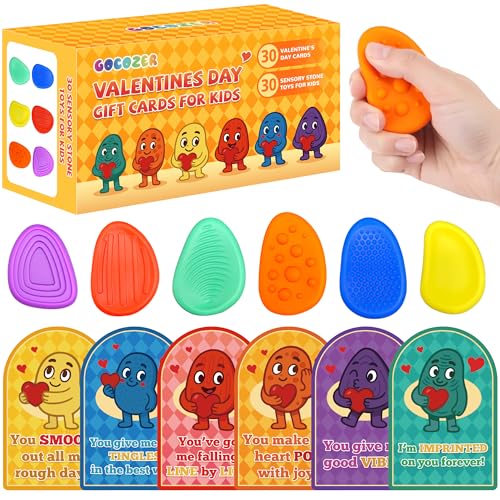 Gocozer 30Pack Valentines Day Gifts Cards for Kids School with Fidget Toys Sensory Stone Fidget Soft Worry Stone Sensory Valentines Toys with Autism Class Kids Valentines Cards Exchange Gift - Image 1