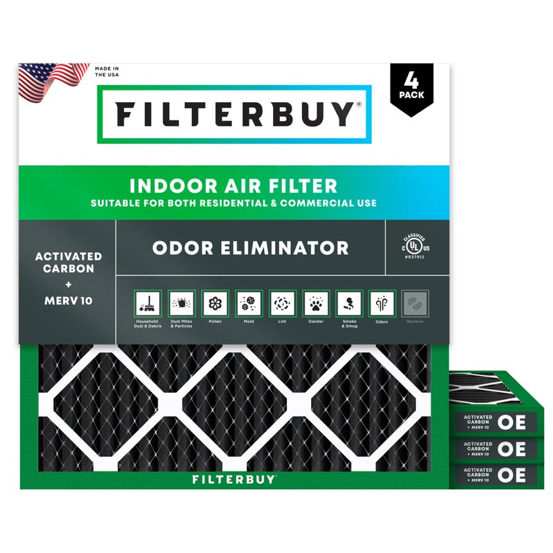 Filterbuy 20x20x1 Air Filter MERV 10 Odor Allergy Defense with Activated Carbon 4Pack Electrostatic Pleated HVAC AC Furnace Filters Replacement Made in USA Actual Size 1950 x 1950 x 075 - Image 2