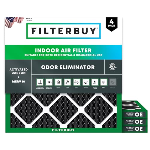 Filterbuy 20x20x1 Air Filter MERV 10 Odor Allergy Defense with Activated Carbon 4Pack Electrostatic Pleated HVAC AC Furnace Filters Replacement Made in USA Actual Size 1950 x 1950 x 075 - Image 1
