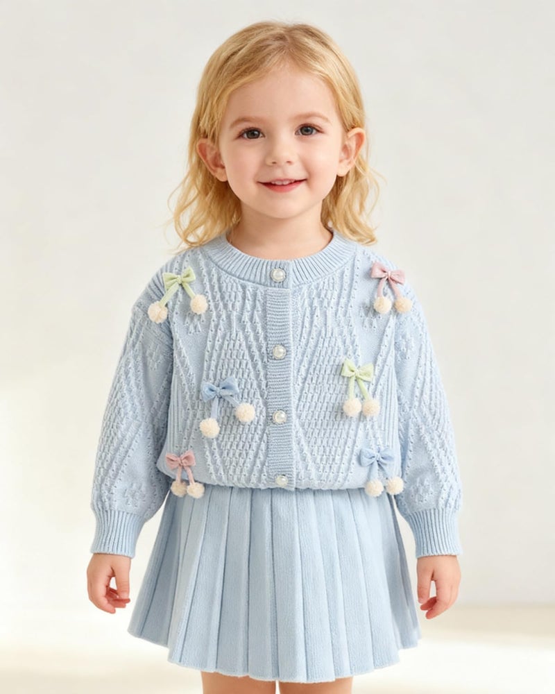 JiAmy Girls Cardigan Skirt Sets Toddler Knit Sweater and Skirt 2 Piece Winter Fall Outfit Light Blue 1-2T - Image 3