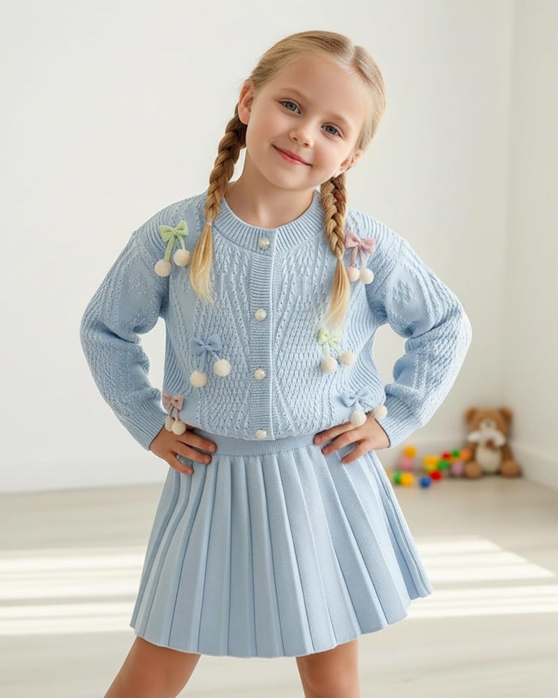 JiAmy Girls Cardigan Skirt Sets Toddler Knit Sweater and Skirt 2 Piece Winter Fall Outfit Light Blue 1-2T - Image 2