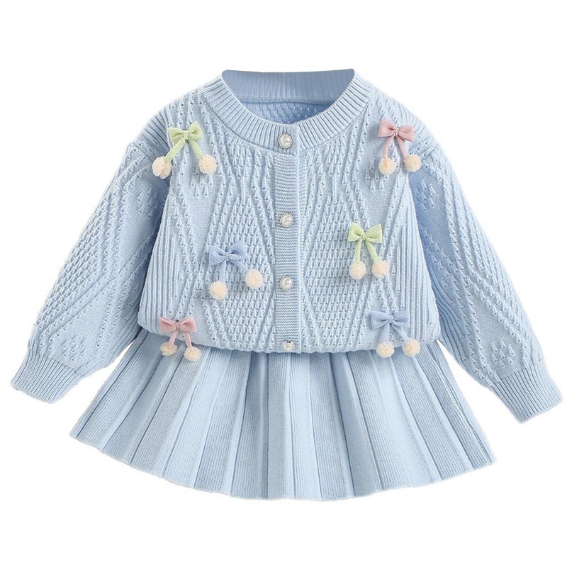JiAmy Girls Cardigan Skirt Sets Toddler Knit Sweater and Skirt 2 Piece Winter Fall Outfit Light Blue 1-2T - Image 1