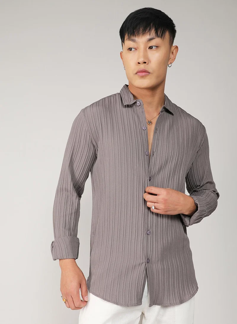 Campus Sutra Men's Ash Grey Self-Design Striped Shirt For Casual Wear | Spread Collar | Long Sleeve | Button Closure | Shirt Crafted With Comfort Fit For Everyday Wear