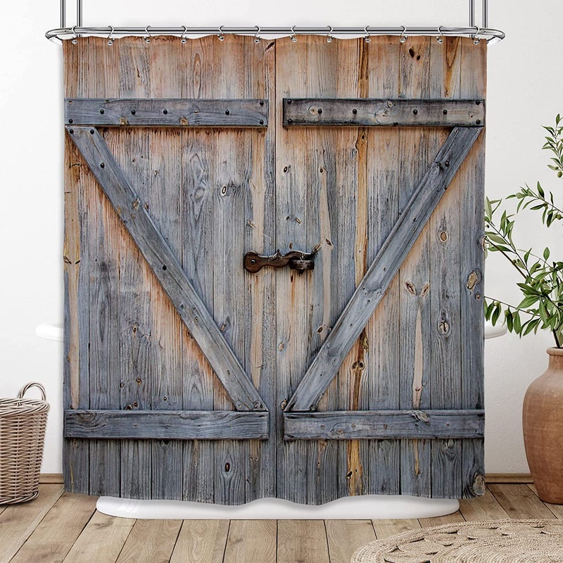 Riyidecor Riyidecor Rustic Barn Door Shower Curtain Farmhouse Wooden Wood Vintage Plank Country Decor Fabric Polyester Waterproof 72Wx72H Inch 12 Pack Metal Hooks