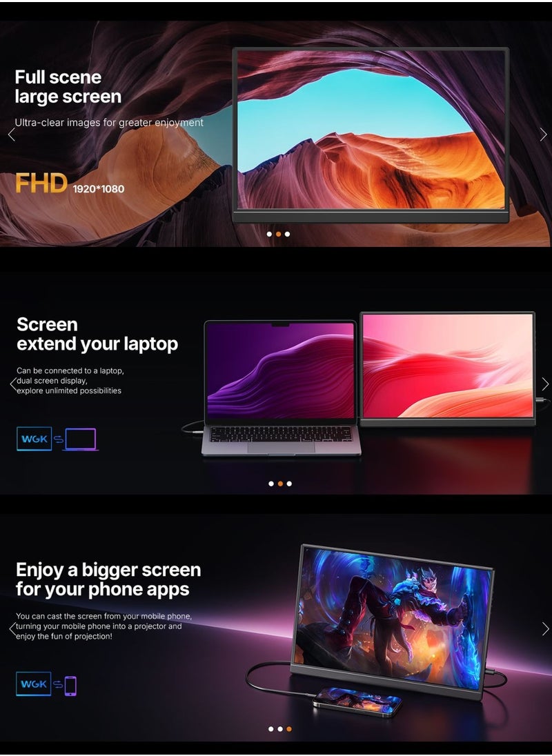 شاشة محمولة 15.6 بوصة 1080 بكسل USB-C HDMI شاشة سفر فائقة النحافة مع حامل لأجهزة الكمبيوتر المحمول والكمبيوتر الشخصي والهاتف Mac وPS وXbox وSwitch شاشة ألعاب IPS رفيعة
