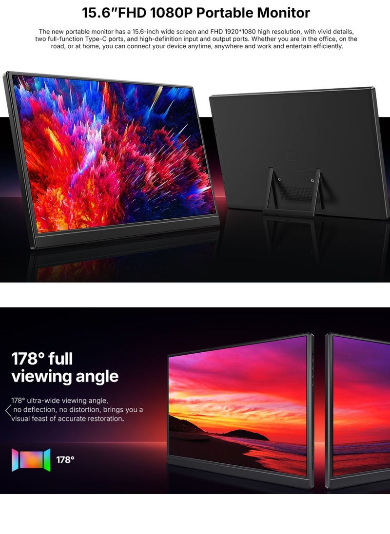 شاشة محمولة 15.6 بوصة 1080 بكسل USB-C HDMI شاشة سفر فائقة النحافة مع حامل لأجهزة الكمبيوتر المحمول والكمبيوتر الشخصي والهاتف Mac وPS وXbox وSwitch شاشة ألعاب IPS رفيعة