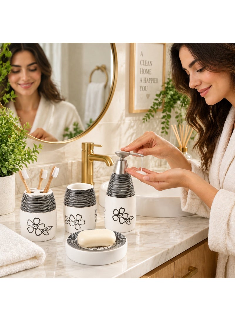 بيرام مجموعة أكسسوارات حمام سيراميك بتصميم زهور أبيض وأسود من برام 4 قطع تصميم مزخرف أنيق مع موزع صابون holder فرشاة الأسنان وكأس وصحن صابون (مجموعة من 4 قطع) - Image 2