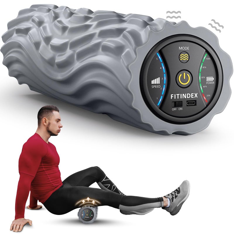 FITINDEX Vibrating Foam Roller for Back Pain, FSA&HSA Eligible, 5-Speed Muscle Massage, Exercise, Muscles Deep Tissue, Physical Therapy, Pilates, Yoga, Neck, Leg, Rechargeable, Travel Portable Gray - Image 1