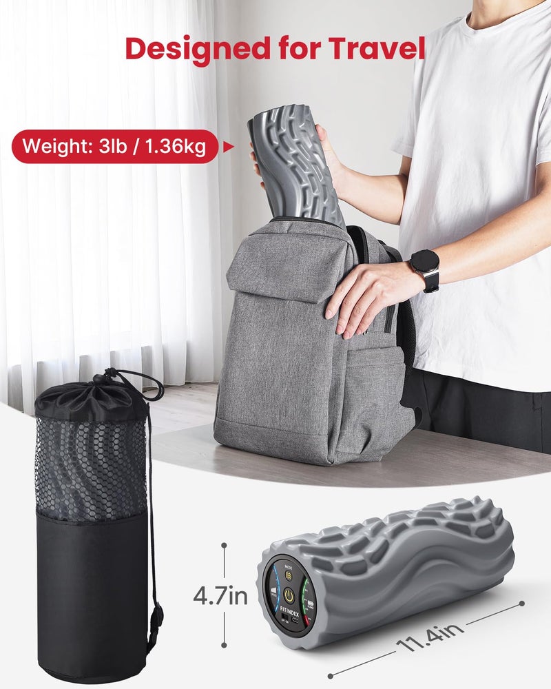 FITINDEX Vibrating Foam Roller for Back Pain, FSA&HSA Eligible, 5-Speed Muscle Massage, Exercise, Muscles Deep Tissue, Physical Therapy, Pilates, Yoga, Neck, Leg, Rechargeable, Travel Portable Gray - Image 3