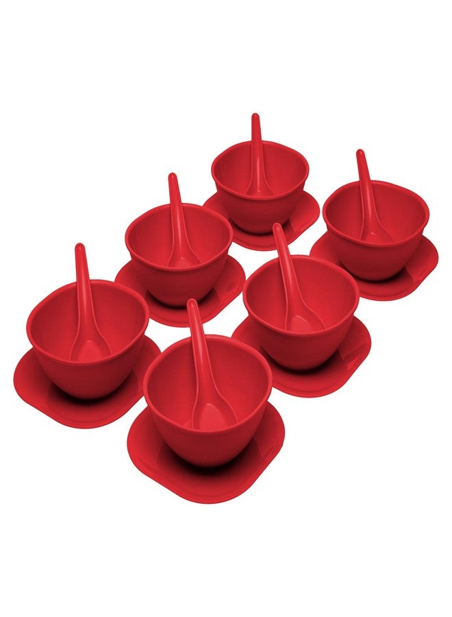 Gluman Round Shape 18 Pcs Soup Bowl Set 6 Bowl and 6 Spoon,6 Dish Microwave Safe for Home and Office Use (Red) - Image 1