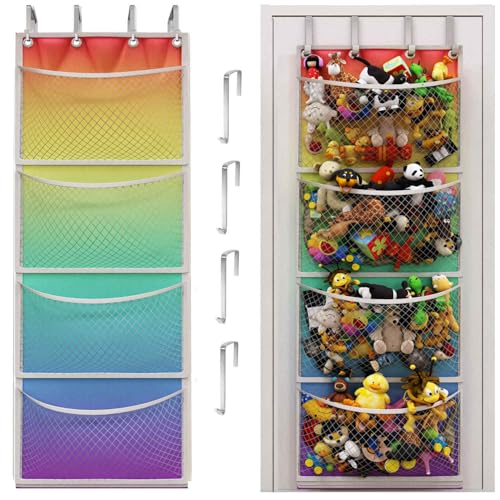 Honeyera The Original Storage for Stuffed Animals Over Door Organizer for Stuffies Baby Accessories Toy Plush organizer Breathable Hanging Storage Pockets Big Girls Toddler Large Bag rainbow - Image 1