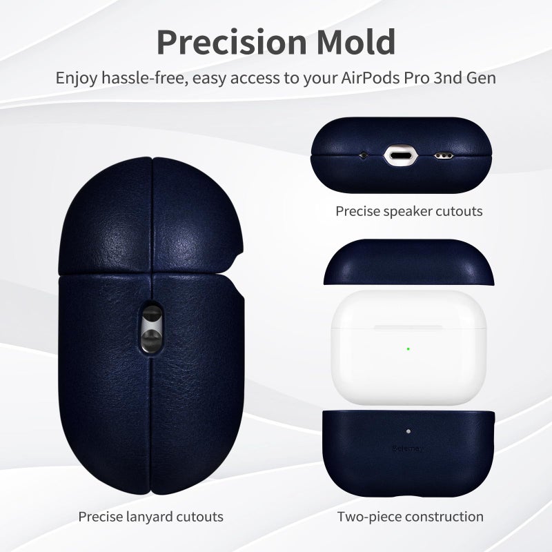 Belemay حافظة بيلماي مصنوعة يدويًا من جلد نباتي كامل الحبة لسماعات AirPods Pro الجيل الثالث (2025)، تأثير ثنائي اللون أنيق، باتينا طبيعية، متوافقة مع MagSafe، متوافقة مع AirPods Pro 3، أزرق داكن - Image 5