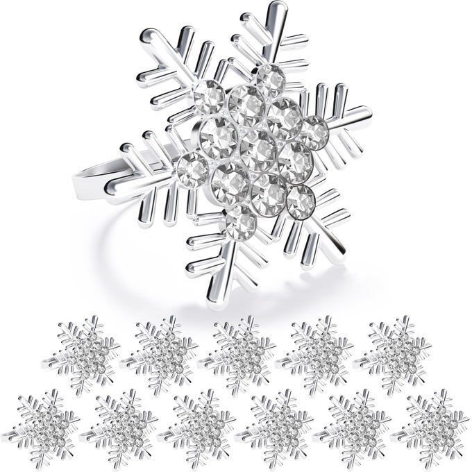 CHRISTMAS SILVER SNOWFLAKE NAPKIN RINGS SET OF 12 NAPKINS RING FOR DINNING TABLE RUSTIC DINNER TABLES DECORATION FOR WEDDING RECEPTIONS CHRISTMAS THANKSGIVING HOLIDAY PARTY DINNER PARTIES