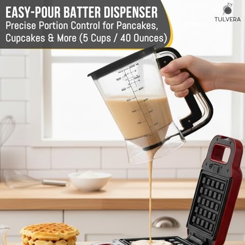 Tulvera Pancake Batter Dispenser | 5-Cup Mix Pourer for Pancakes, Waffles, Crepes, Muffins, Cupcakes | Squeeze Handle, Portion Control Pitcher, Durable Drip-Free Design | Baking Accessories (Original Black) - Image 2