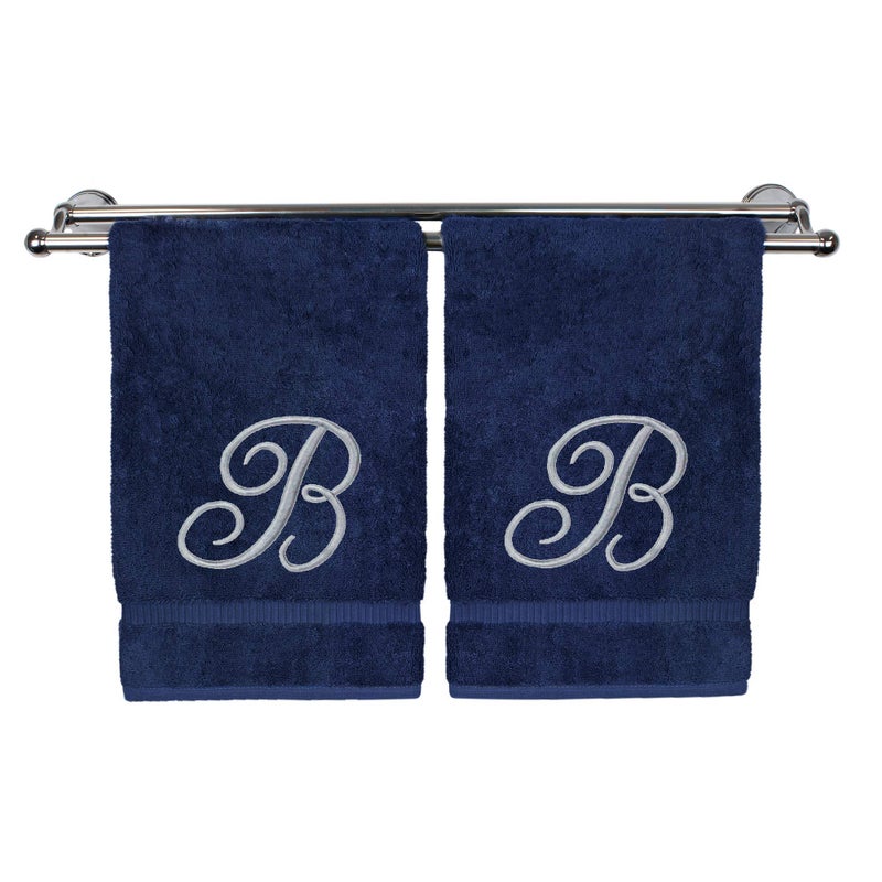 BC BARE COTTON Monogrammed Hand Towel Navy 16 x 30 Inches Set of 2 100 Turkish Cotton Extra Absorbent Soft Terry Finish Personalized Gift