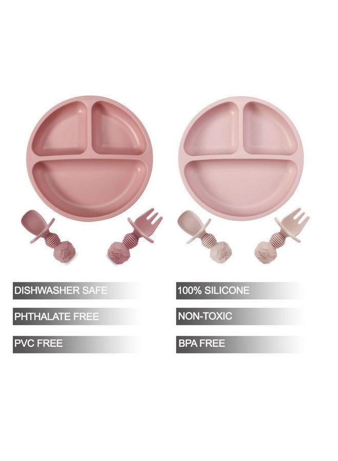 باندا إير مجموعة من 2 طبق شفط مقسم للأطفال الصغار من PandaEar مع ملعقتين وشوكتين | أدوات طعام ذاتية التغذية من السيليكون لفطام الأطفال | مجموعة تغذية الأطفال من السيليكون الخالية من مادة BPA - وردي - Image 2
