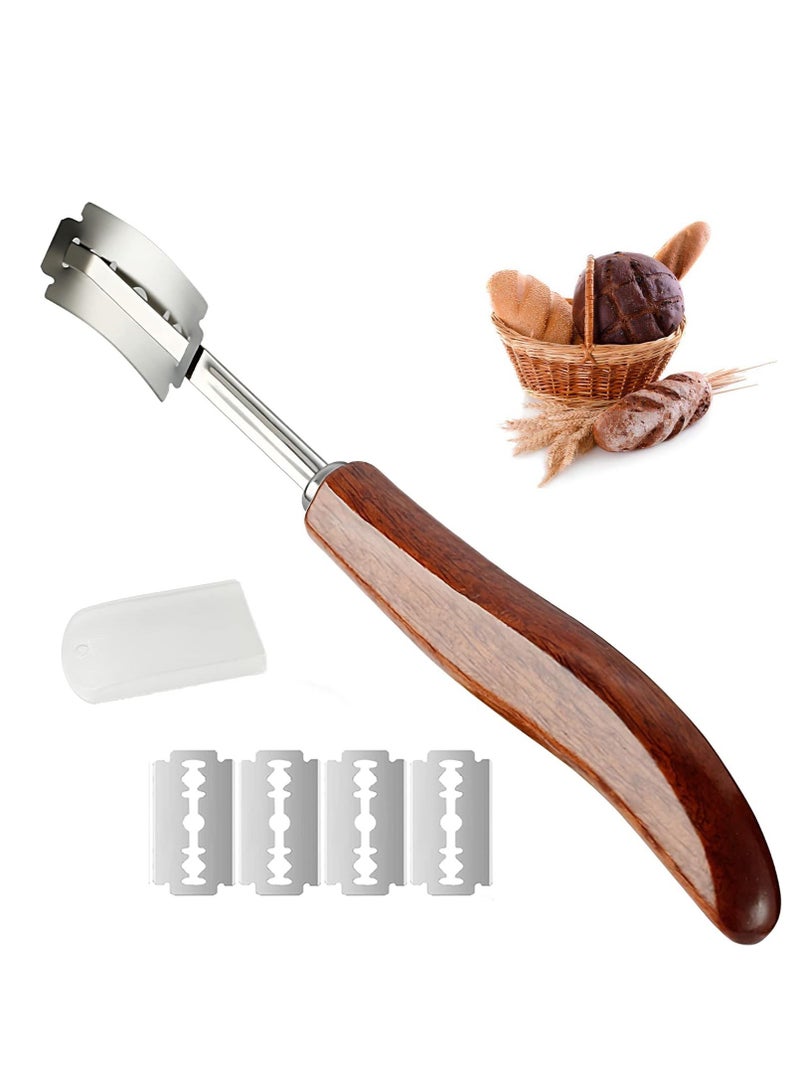 Premium Bread Lame Slashing Tool Scorer Blade with Crafted Wooden Handle Dough Scoring Kinfe 5 Blades and Protective Cover for Making - Image 1